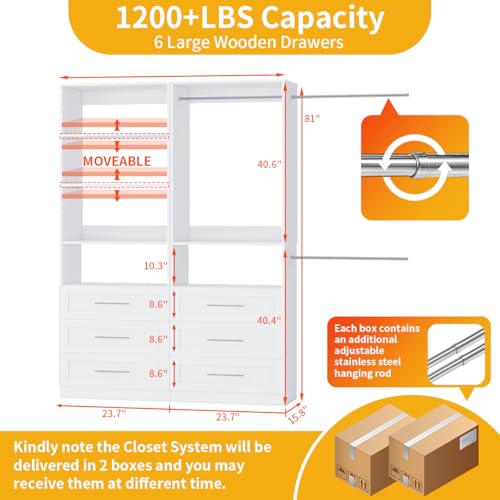 Image of Closet System with 6 Drawers, Wood Closet Organizer System, Walk-in Closet or Small Closet System with Shelves, Modular Closet Systems with 3 Expandable Hanging Rods, 2 Sets, White (4FT)