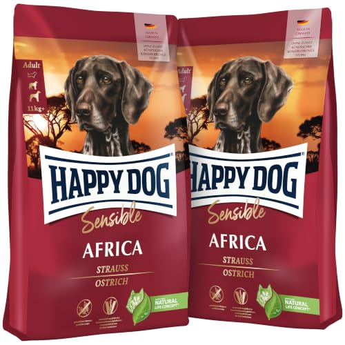 Happy Dog Sensible Africa mit Monoprotein Strauß, Vorratspack 2x12,5 kg | Für ausgewachsene Hunde ab 11 kg, getreidefrei, mit Monoprotein Strauß, bei Unverträglichkeiten
