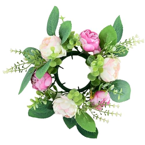Flower Candle Rings Spring Wreath Peony Artificial Flowers Pink Wedding Centerpieces 10.2" for Home Garland Tabletop Farmhouse Party Tables Decor