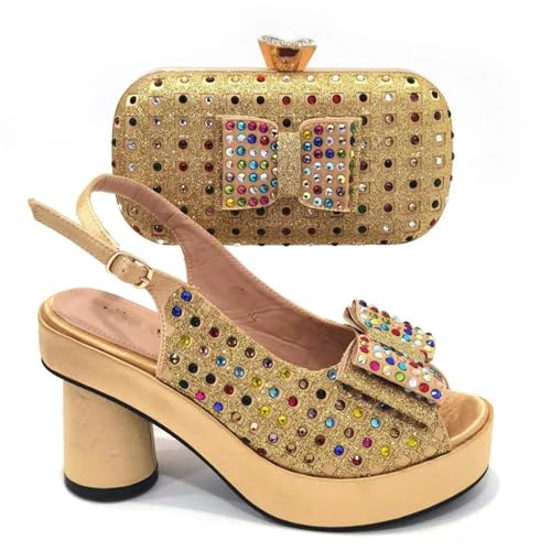 Womens 2025 Gold Wedding Shoes Set Bridal Pumps and Matching Evening Bag Rhinestone Flower Crystal Clutch Purses2