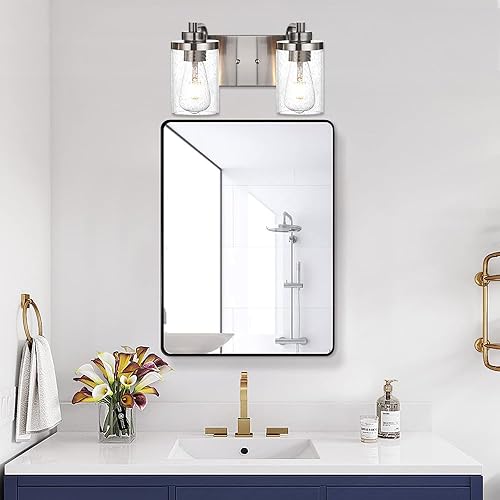 Miniatura 5 de Aplique de pared industrial, 2 lámparas de tocador de baño con vidrio sembrado, lámparas de pared de níquel cepillado sobre espejo para dormitorio