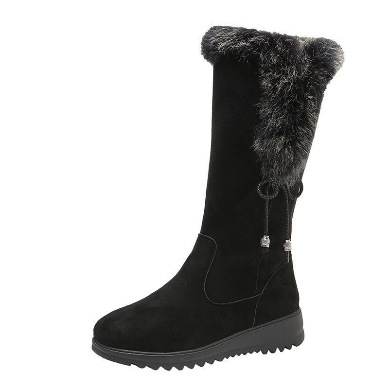 Womens Winter Snow Boots Fur Mid Calf Warm Suede Fuzzy Shoes with Side Zipper