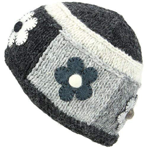LoudElephant Ladies Wool Knit Beanie Hat with Flower Patch Design - Charcoal