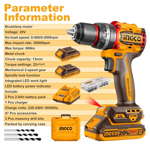 INGCO 20V Cordless Brushless Hammer Drill, Compact Impact Drill 66NM, Variable Speed Control, 22+1+1 Torque Setting with LED Light, 50Pcs Accessories with 2Pcs 2.0Ah Battery, 1Pcs Charger CIDLI20668 5 INGCO 20V Cordless Brushless Hammer Drill, Compact Impact Drill 66NM, Variable Speed Control, 22+1+1 Torque Setting with LED Light, 50Pcs Accessories with 2Pcs 2.0Ah Battery, 1Pcs Charger CIDLI20668 - Image 5