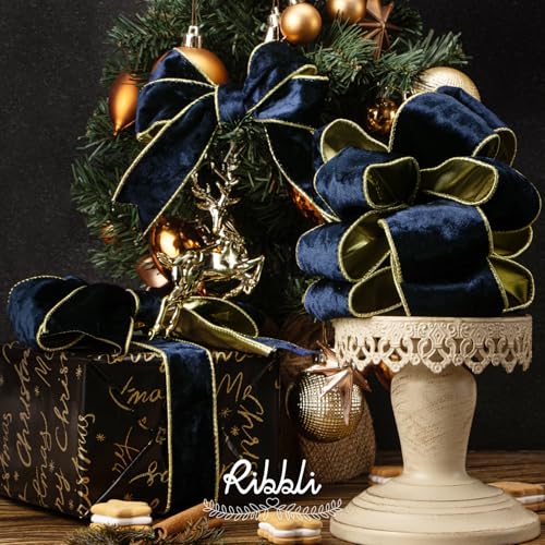 Image of Ribbli Navy Velvet Wired Ribbon 2.5 Inch Metallic Navy Blue Gold Crushed Velvet Christmas Ribbon for Gift Wrapping Christmas Tree Decoration Crafts Wreaths Supplies-Continuous 10 Yards