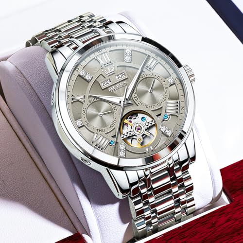 Image of OLEVS Automatic Watches for Men Self Winding Mechanical Skeleton Luxury Dress Stainless Steel Diamond Men Wrist Watches