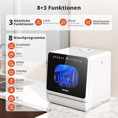 AIRMSEN Mini Geschirrspüler, Tischgeschirrspüler, Mini Spülmaschine mit 8+3 Programmen, 5L Tank, Enthärtungssystem, 1–18 Std Startverzögerung & Kindersicherung