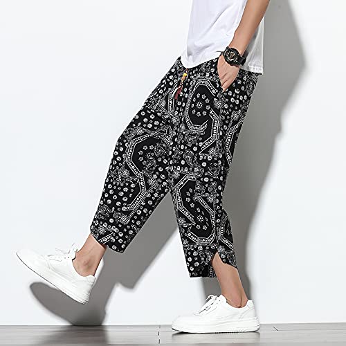 Men Harem Pants Cotton Linen Printed Loose Elastic Waist Streetwear Trousers3