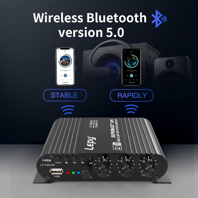 Diagram showing stable and rapid wireless Bluetooth 5.0 connection between a mobile phone and the Fasizi LP-838USB amplifier.