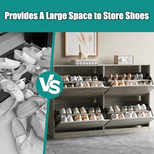 Image of Xixini Shoe Storage Cabinet for Entryway with 4 Flip Drawers, Sturdy Wood Hidden Shoe Storage, Freestanding Narrow Slim Shoe Organizer for Front Door Entrance, Living Room, Hallway, Bedroom, Grey