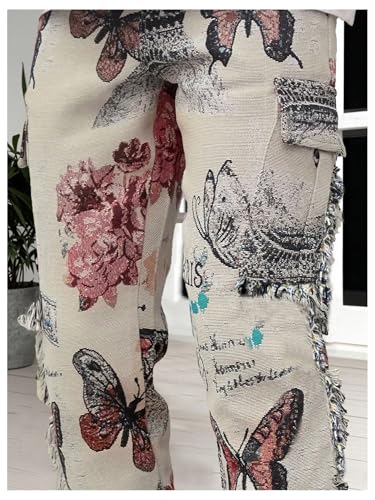 WDIRARA Men's Butterfly Floral Cargo Pants Frayed Trim Flap Pockets Pants Streetwear3