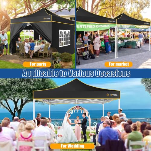 Image of HOTEEL 10x10 Pop up Canopy Tent for Parties, Heavy Duty Easy Setup Tent with 4 Sidewalls, Outdoor Commercial Instant Gazebo for Wedding Event, with Portable Bag & Sand Bags, Black(Hexagonal Frame)