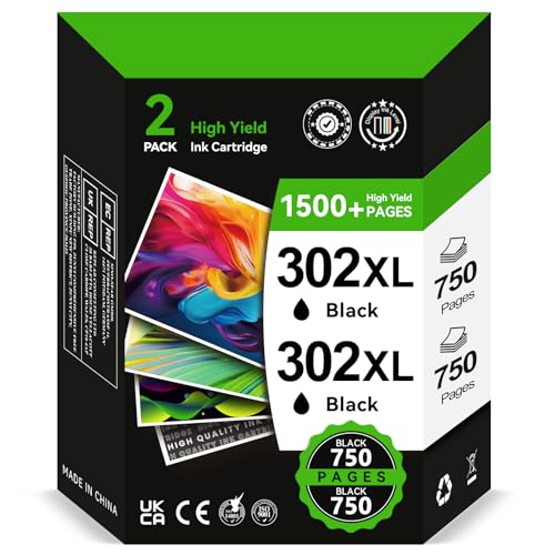 Tinta 302 XL Negro - 2X 750+ Páginas, Reemplazo para Cartuchos HP 302 Negro, Tinta Impresora 302XL Compatible con HP Envy 4520 4527 4524 4523, DeskJet 3630 3636 3639, OfficeJet 4650 3830 3831 3832