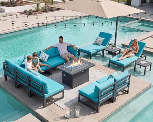 NICESOUL 13 Piece Large Modern Aluminum Patio Furniture Set, Rust Water Resistant Modular Outdoor Conversation Set with Chaise & Fire Pit Table, 500 lbs Durable Modular Sectional Sofa for Deck, Teal