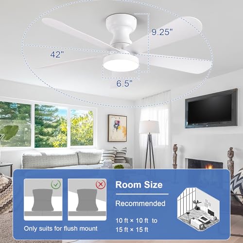 Image of Depuley Small Ceiling Fan with Lights: 42-Inch Flush Mount Fan with Light and Remote - White Low Profile Ceiling Fans Reversible Quiet DC Motor for Bedroom Living Room Indoor Outdoor
