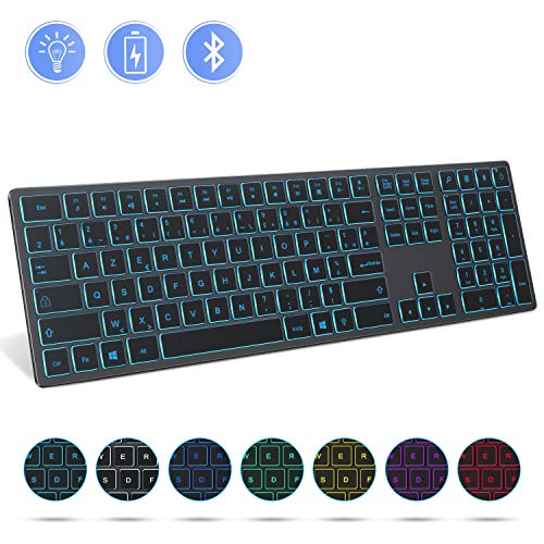 Jelly Comb Clavier sans Fil Bluetooth Rétro-éclairé, 7 Couleurs,Clavier Pleine Taille, Azerty, Ultra-Mince, Batterie Rechargeable de 2000mAh pour Ordinateur Portable/PC/Système Windows, Gris
