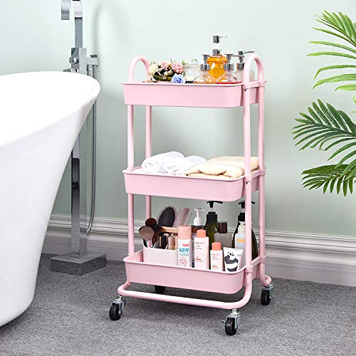 Toolf Utility Rolling Cart With Lockable Wheels, Multi- Purpose Storage Organizer, Organizer Trolley With Handles, Serving Trolley With Mesh Baskets For Home, Office, Kitchen, Bathroom (Pink) #TOP7