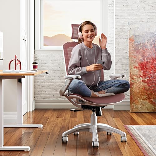 Image of GABRYLLY Ergonomic Office Chair, High Back Home Desk Chair with Headrest, Flip-Up Arms, 90-120 Tilt Lock and Wide Cushion, 300LBS Mesh Chairs for Man Woman, White Task Chair(Red,GY01WR)