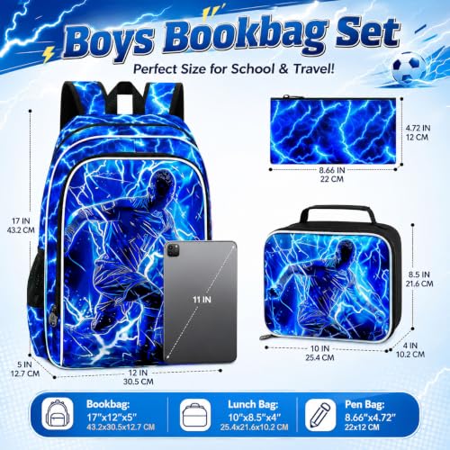 Image of 3Pcs Soccer Backpack for Boys, Lightning Kids Bookbag with Lunch Box, 17 inch School Backpacks for Elementary Preschool Kindergarten (Blue)