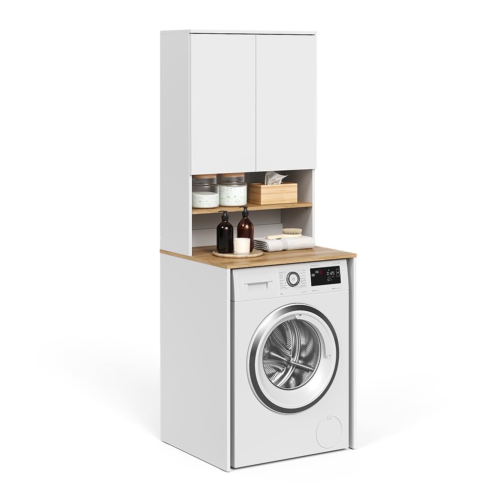 Vicco Armoire Machine à Laver Viktor, Blanc/Artisan, 68x88.2cm 2 pièces avec étagère, Convient pour Le Rangement de lessive et de Serviettes