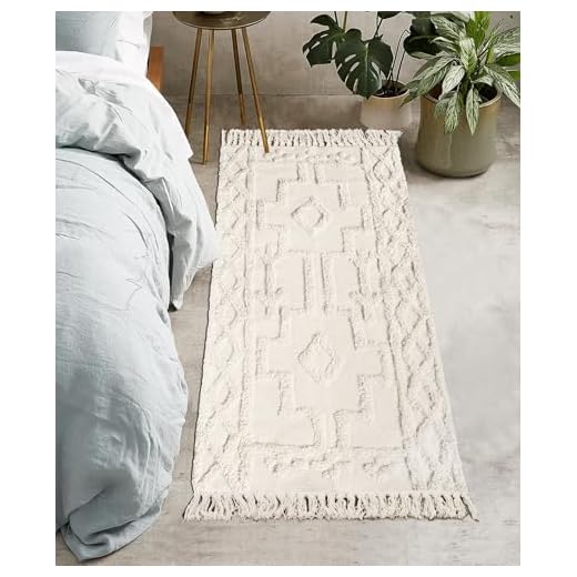 Uphome Boho Runner Rug 2' x 4.3' Tufted Cotton Accent Throw Rugs with Tassel Woven Machine Washable Tribal Floor Mat for Laundry Doorway Hallway Porch Bedroom Kitchen,Beige