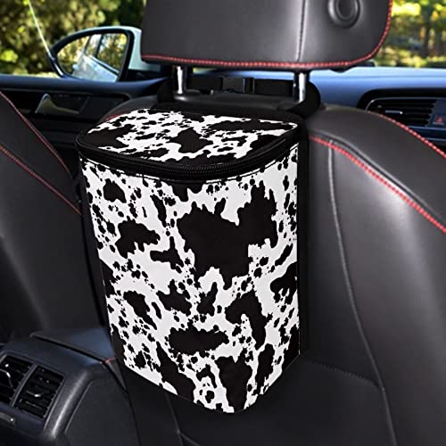 White Black Cow Car Trash Can Cow Car Accessories Leak Proof Trash Bag with Lid and Zipper Portable Collapsible Garbage Can Multipurpose Storage Organizer Car Trash Bag Hanging Cute