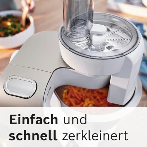 Bosch Küchenmaschine Serie 4, integrierte Waage, Mixer 1,25 L, Edelstahl-Schüssel 3,9 L, Profi-Knethaken, Schnee-, Silikonbesen, Durchlaufschnitzler, 4 Scheiben, 1000 W, weiß, MUM5XW20