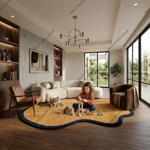Image of SWEET HOMES Yellow Carpet for Living Room Handwoven Shaggy Ultra Soft Plush Irregular Rug, 6 x 8 Feet (183 x 244 cm), Yellow & Blue