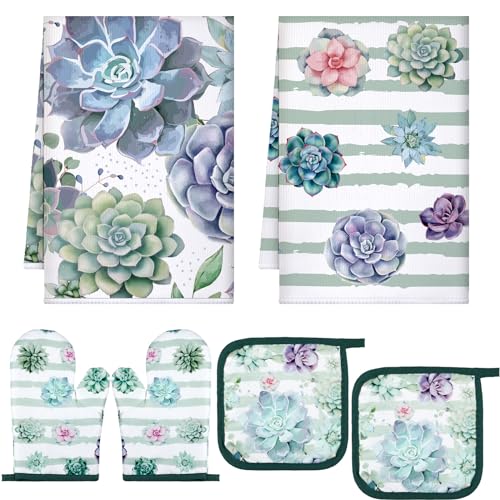 Bencailor 6 Pcs Succulent Kitchen Towels Pot Holders And Oven Mitts Set Soft Cotton Linen Dish Towel Heat Resistant Oven Mitts For Summer Kitchen Decor Cooking Baking Grilling, Green