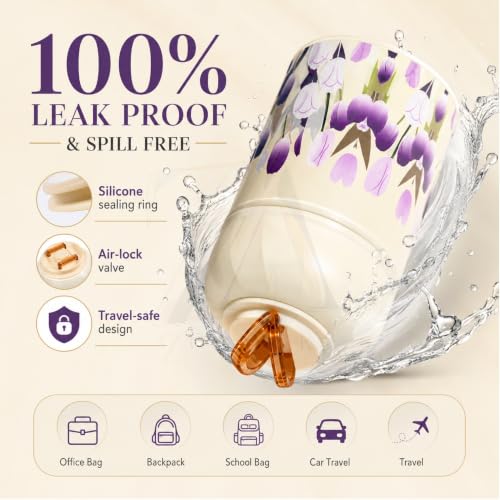 Image of Insulated Stainless Steel 1060ml Lunch Box with 350ml Tumbler | Leakproof Hot Cold Food Container | BPA-Free Cute Tiffin Box for Kids, School, Office, Travel, Picnic (Purple Tulip Floral)