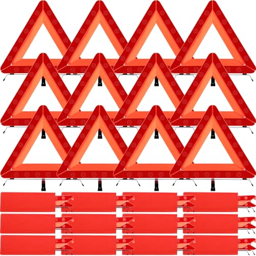 Image of Kanayu Warning Safety Triangles for Vehicles Foldable Roadside Emergency Kit Emergency Reflective Triangles with Base and Carrying Case for Cars Trucks Breakdown(12 Pack)
