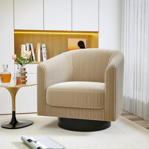 IdeaKey Swivel Accent Chairs, 360 Degree Bucket Chair, Modern Upholstered Barrel Armchair, Comfy Corduroy Single Sofa for Living Room Bedroom, Camel