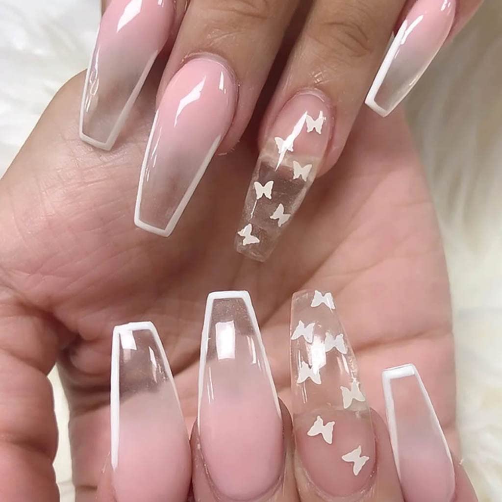Amazon.com: RikView Long Press on Nails Coffin Fake Nails French Acrylic  Nails with Butterfly Design Pink Nail Glossy Nails 24 PCs/Set : Beauty &  Personal Care