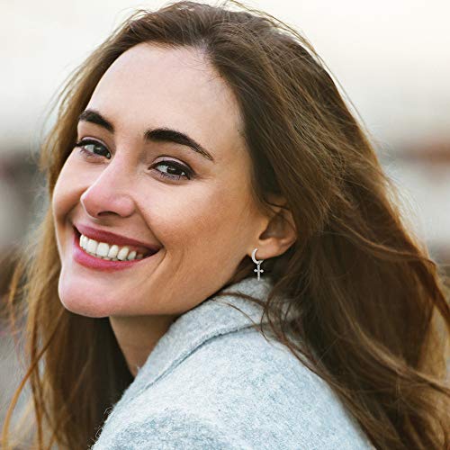 925 Sterling Silver Clear Cubic Zirconia Cross Hoop Dangle Earrings For Teens And Ladies - Brilliant And Sparkling Religious Huggie Earrings For Women - Hypoallergenic & Lightweight Jewelry For Girls #TOP2