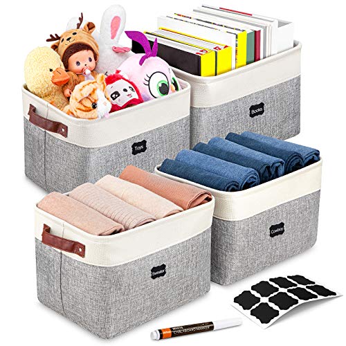 Artsdi Foldable Storage Bin With 8 Labels and a Pen | Large Collapsible Sturdy Cationic Fabric Storage Basket Cube With Handles for Organizing Shelf Nursery Home Closet (Gray and White - 4 Pack )