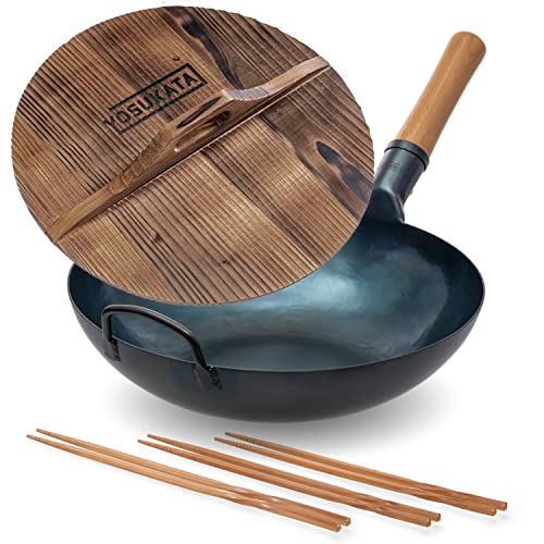 Wok de acero al carbono azul 13.5 pulgadas con tapa y palillos miniatura 1
