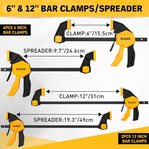 Image of 10-Piece Bar Clamps for Woodworking, 4PCS 6-inch & 2PCS 12-inch One-Handed F Clamp /Spreader with 132 LBS Load Limit, Spring Clamps, 90 Angle Clamp, Quick Release Grip