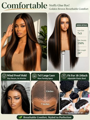Image of KLAIYI Bye Bye Slip Golden Brown Highlight Glueless Yaki Straight Precut 7x5 Lace Front Wigs Human Hair Drawstring Ombre Pre Plucked Bleached Knots 30S Ready to Wear and Go Wig with Dark Roots 24Inch