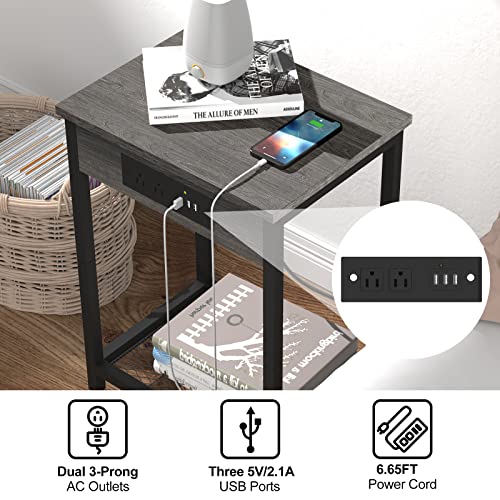 Nightstand with Charging Station, Bedroom End Table with USB Ports and outlets, Modern Bedside Table for Living Room Farmhouse, Dark Grey