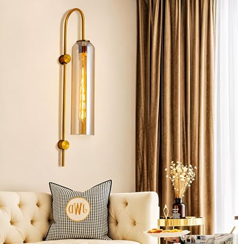 Image of Long Glass Wall Light with Modern Gold Finish Fixture Metal for Bedside, Bedroom, Living Room, Drawing Room, Passage, Show Peice, Home, Hotel, Bar, Cafe, with 30cm Long Bulb (Gold)