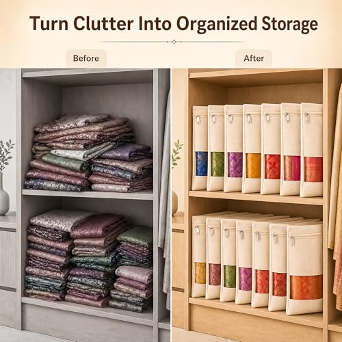 Image of EIGHTIZ (Pack of 10) Saree Covers for Wardrobe Transparent Clothes Storage Bags for Saree, Blouse, Dress, Multipurpose Non-Woven Zip Pouch Organizer,Travelling Storage (16 x 14 in,Beige)