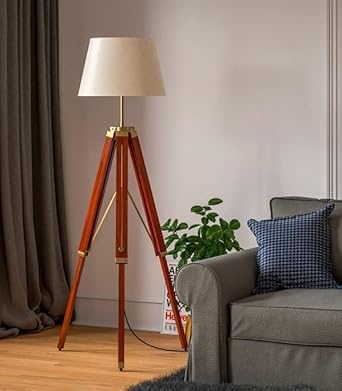 SRK Corporation,Wooden Tripiod Floor Lamp for Bedroom with Beige-Natural Off Jute Shade, Lamp for Living Room Drawing Room Guest Room Brown Brass Antique Adjustable Heigh