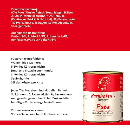 Barkhofen Tiernahrung Nassfutter für Ihren Hund 6X 800g – Hundefutter nass & getreidefrei mit Pute - Hunde Futter in Dosen ohne Getreide