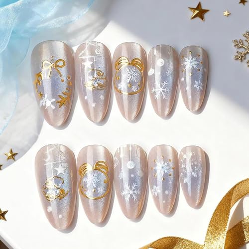 24Pcs Christmas Press on Nails Medium Almond Fake Nails with Gold...