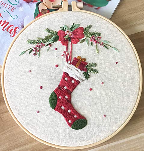 Image of Awesocrafts Embroidery Kit Christmas Stocking Ornaments Full Range of Embroidery Starter Kits for Beginners Adults DIY Handmade Easy Patterns (Christmas Stocking)