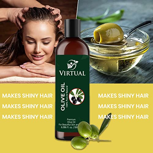 Image of VIRTUAL 100% Pure Natural Olive Oil For Shine & Stronger Hair, Skin Care & Cold Pressed Natural Oil for Multipurpose Use (180ml)-Pack of 2