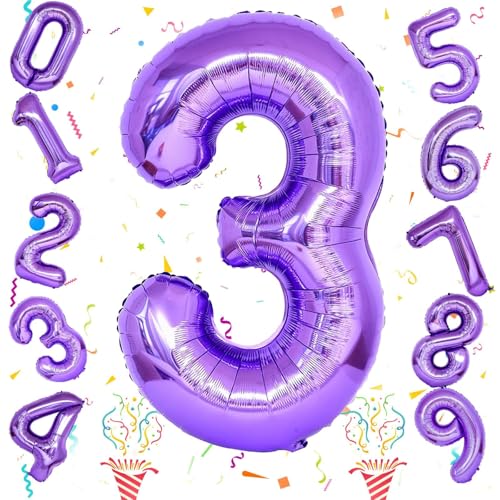 Image of 3rd Birthday Number Balloons for Kids, Self Inflating 40 Inch Purple Foil Balllons, Large Number 3 Balloons for Women 30th Birthday Party Bridal Shower Anniversary Graduation Party Decor Girl Supplies