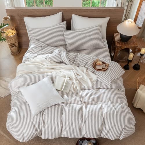 Image of MooMee Striped Duvet Cover Set 100% Washed Cotton Linen Like King | Relaxed Linen-like Texture. Soft, Breathable & Long-lasting Comfort. Lightweight. Hidden Zipper with 8 Interior Corner Ties