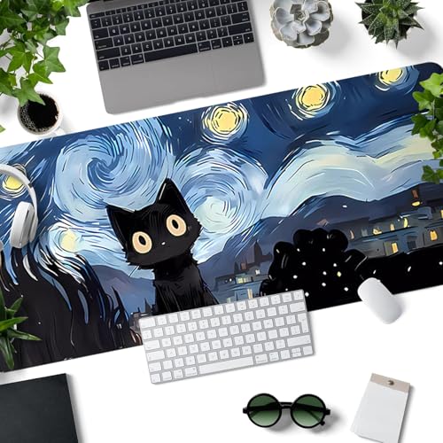 Gaming-Mauspad XXL, 800 x 300 mm Niedliches Katzen-Mauspad mit genähten Kanten, wasserfestes Computer-Mauspad mit rutschfester Gummibasis für Gamer, Büro und Zuhause (Starry Night Black Cat)