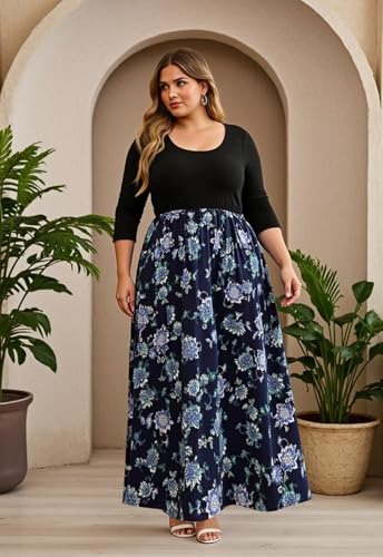 Image of Nemidor Women Plus Size Casual Maxi Dress Long Fall Pockets | Size 14-26 plus, elastic waist, long sleeve, round neck, loose, boho, curvy, winter, wedding, daily, vacation, work, holiday